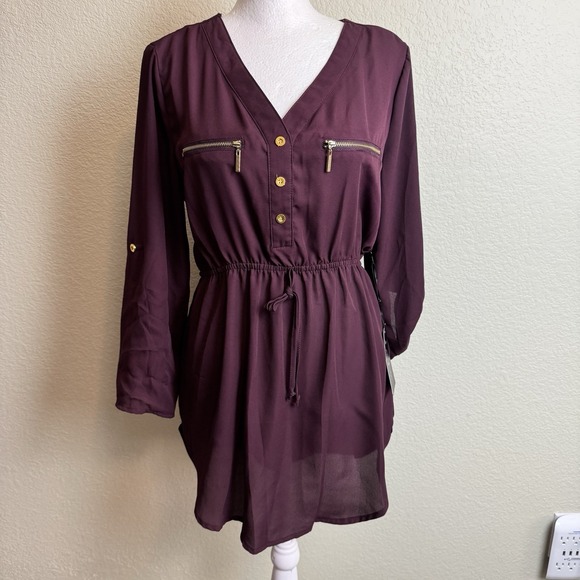 J for Justify NWT Women's Blouse Tunic Burgundy Roll Tab Sleeves Drawstring SZ M - Picture 1 of 9